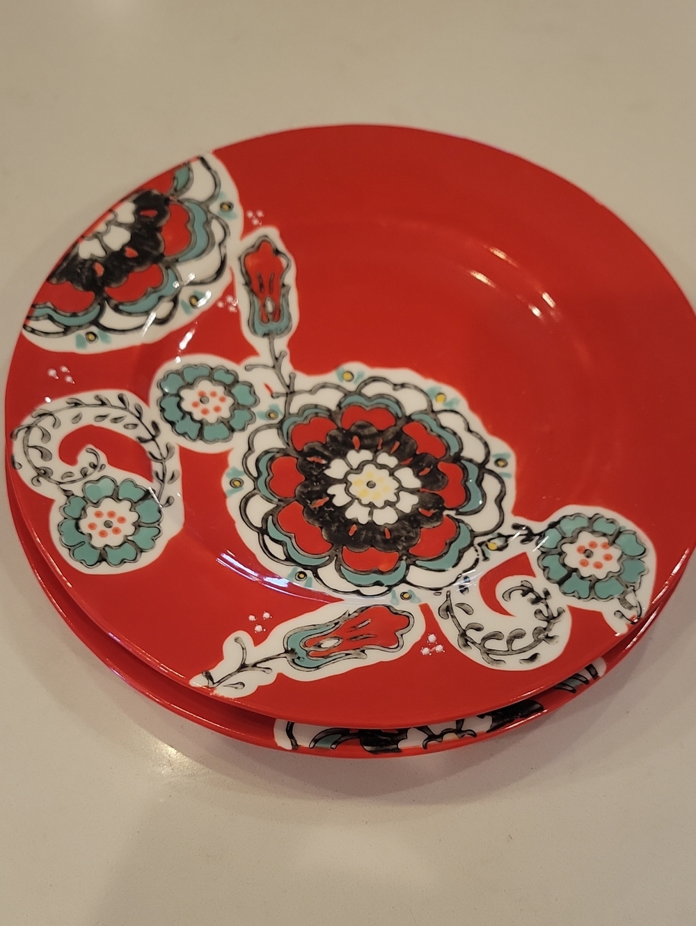 Anthropologie Set Of 2 Red Floral Salad Plates